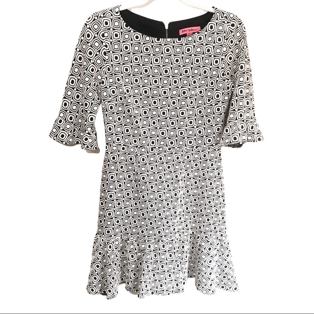 Betsey Johnson Black and White Dress with 3/4 Ruffled Sleeves and Ruffled Hem 6